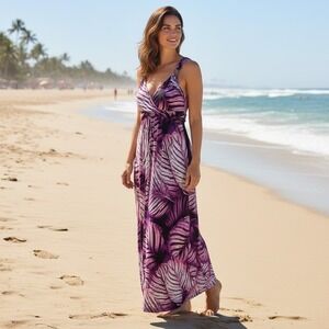 New York & Company Purple Tropical Leaf Maxi Dress Gold Hardware Large L